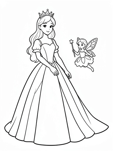 Princess and fairy coloring page showing two winged fairy-princess figures in ball gowns with tiaras and sparkle stars around them