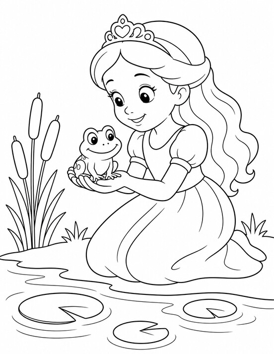 Princess kneeling by a pond cupping a small frog in her hands PDF preview
