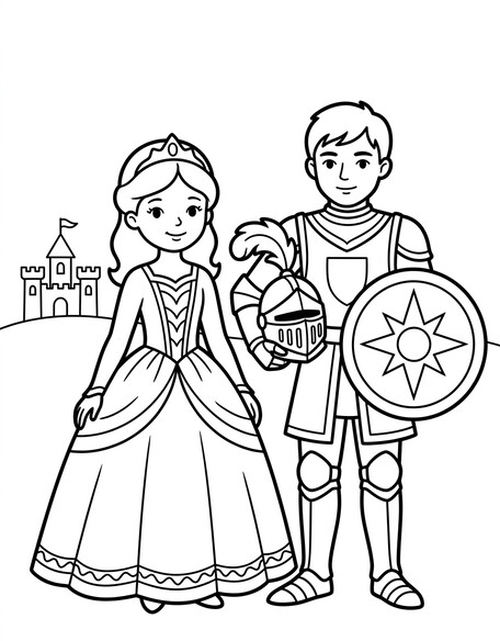 Princess and knight coloring page showing a girl with tiara and gown standing beside a full-plate-armor knight carrying a star-shield PDF preview