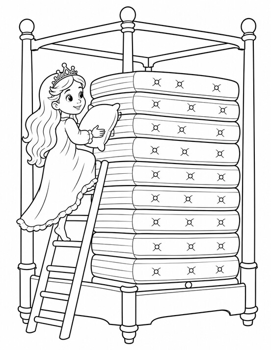 Princess climbing a wooden ladder against a tall stack of striped mattresses on a four-poster bed PDF preview