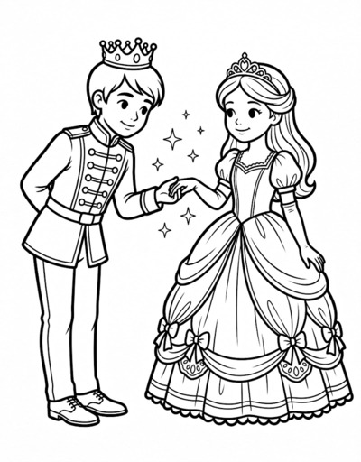 Young prince bowing with hand extended and a young princess reaching out her gloved hand, sparkle stars floating between them PDF preview