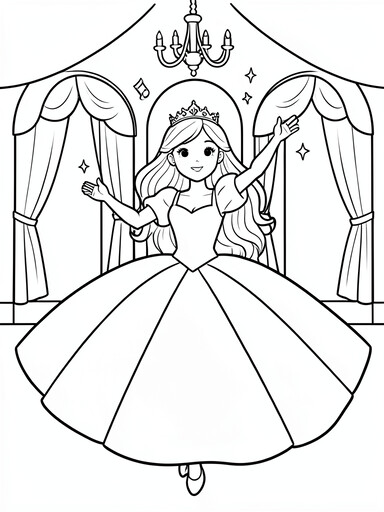 Princess dancing in a swirling ball gown with tiara in a ballroom with chandelier and arched windows coloring page