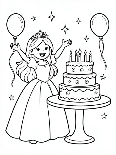 Princess in a ball gown beside a three-tier birthday cake with candles and sparkle stars coloring page