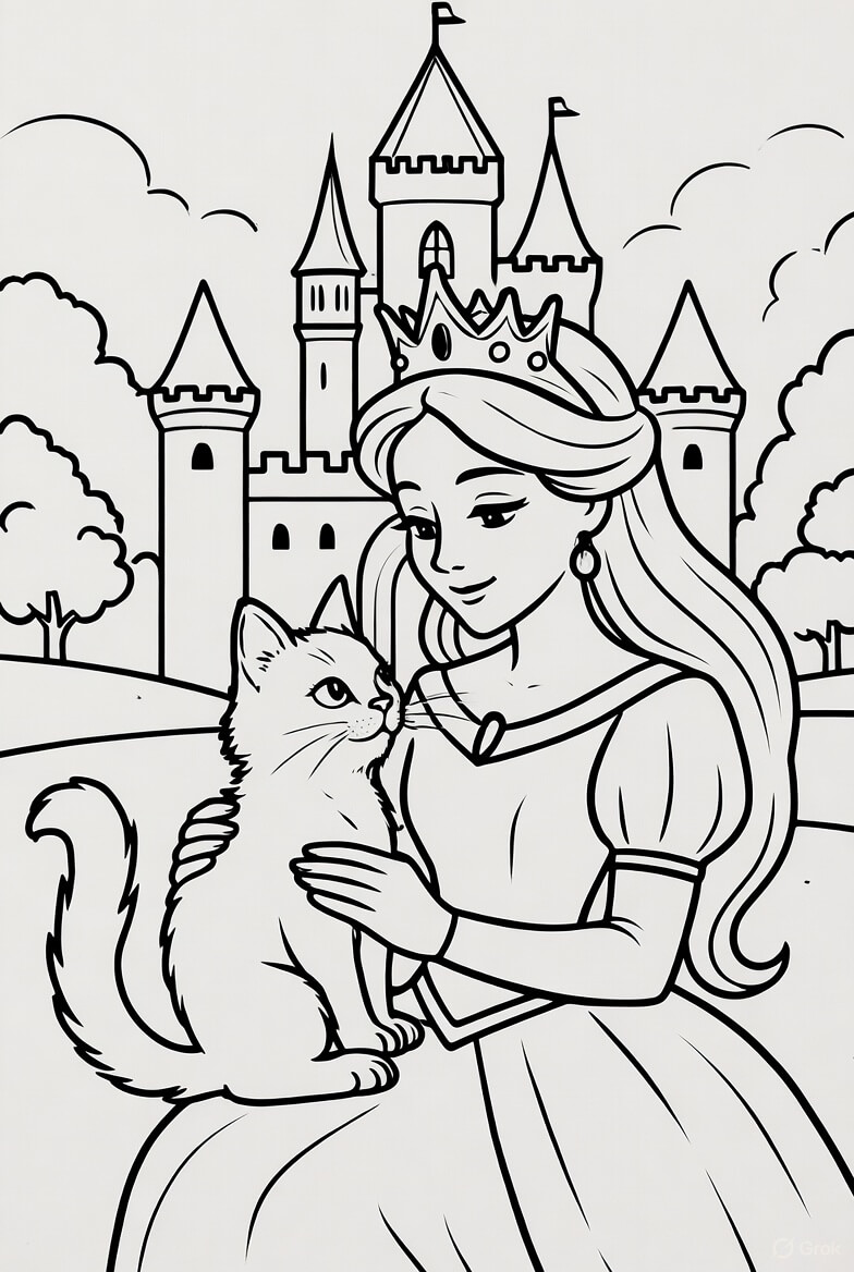 Princess holding a kitten Coloring Sheet