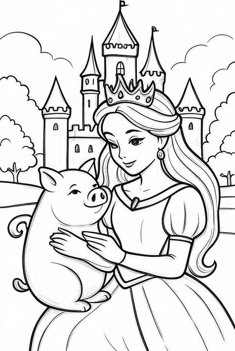 Princess holding a piglet Coloring Page