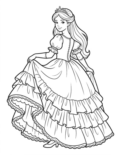 Princess wearing a layered ball gown with lace hem, gloved hands lifting the wide skirt, fitted bodice with puffed sleeves and tiara PDF preview