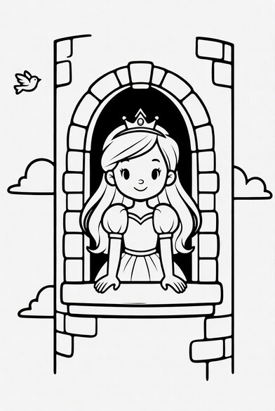 Princess leaning from a tall arched stone tower window with hair flowing down PDF preview