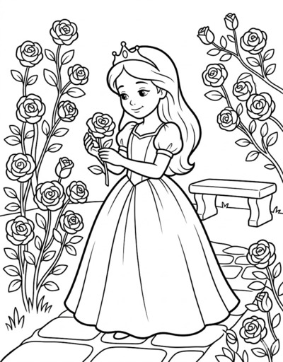 Smiling princess in a ball gown and tiara holding a freshly cut rose on a stone path, surrounded by tall blooming rose bushes PDF preview