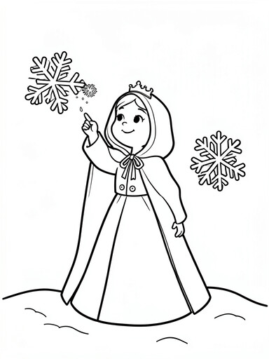 Princess in a hooded cape standing in snow catching a snowflake with geometric snowflakes around her coloring page