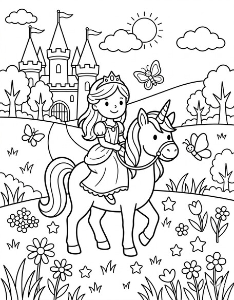 Princess riding unicorn castle coloring page with towers for kids