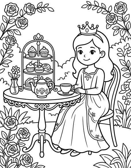 Princess in tiara and gown seated at a garden table with teapot and three-tier treat stand PDF preview
