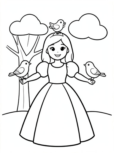 Princess standing outdoors with three small songbirds perched on her outstretched arms and a nearby tree branch, coloring page line art