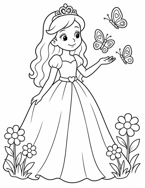 Princess in a simple garden with three butterflies fluttering near her hand PDF preview