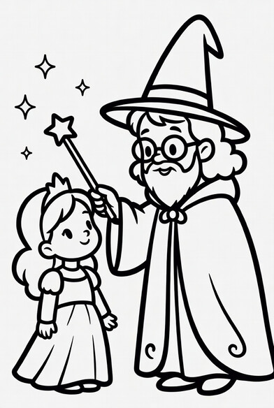 Princess in tiara standing beside a fairy godmother in a pointed hat raising a star-tipped wand PDF preview