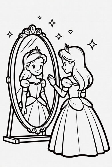 Princess in a ball gown gazing into an ornate oval magic mirror PDF preview