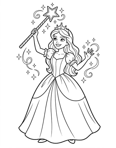 Full-length princess in a long ball gown raising a star-tipped wand with sparkle stars and swirls around her PDF preview
