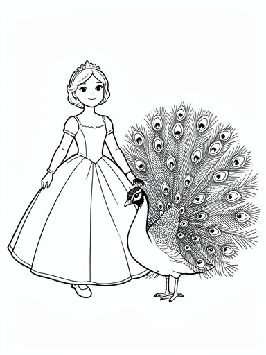 Princess with peacock coloring page showing two girls in gowns beside a peacock with fully fanned tail feathers and eye-shaped tips
