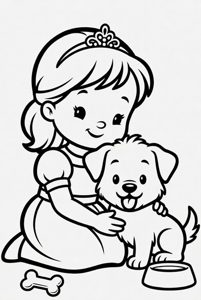 Princess with tiara hugging a fluffy golden puppy on the ground PDF preview