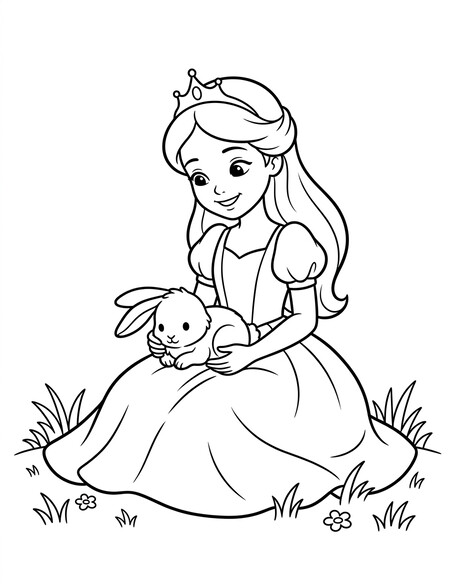 Princess sitting in a meadow holding a floppy-eared rabbit in her lap PDF preview