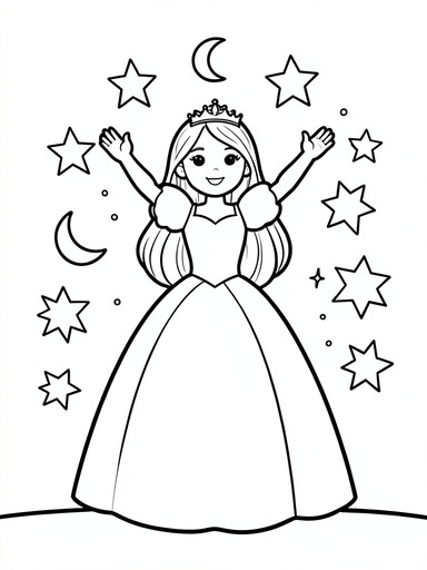Princess with stars coloring page showing a princess surrounded by large five-point and six-point stars and crescent moons