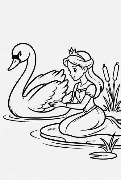 Princess kneeling at a pond reaching toward a graceful swan PDF preview