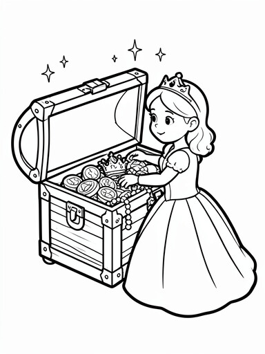 Princess with treasure coloring page showing a princess kneeling beside a large open treasure chest filled with coins and gems