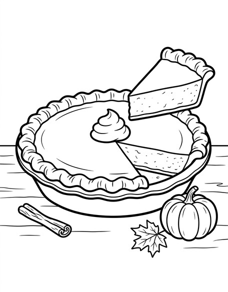 Pumpkin pie coloring page with whole pie whipped cream and a small pumpkin PDF preview