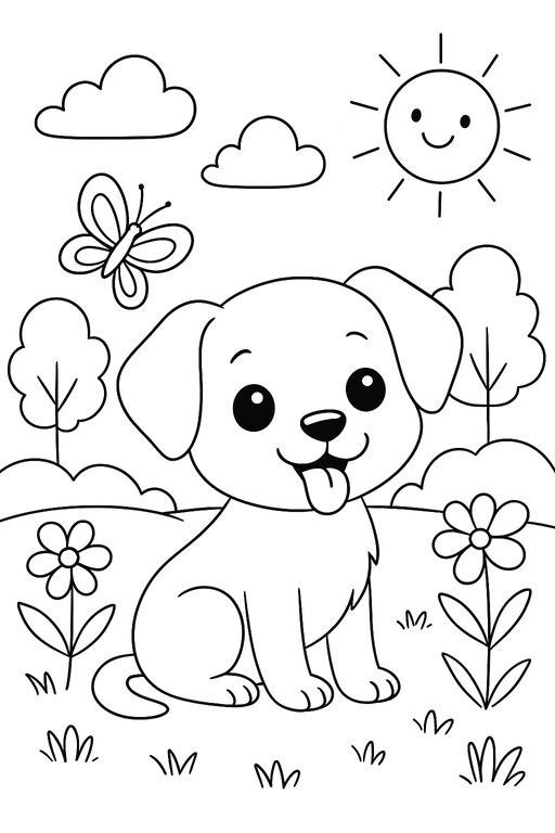 Puppy with butterflies and sunflowers outdoor scene coloring page