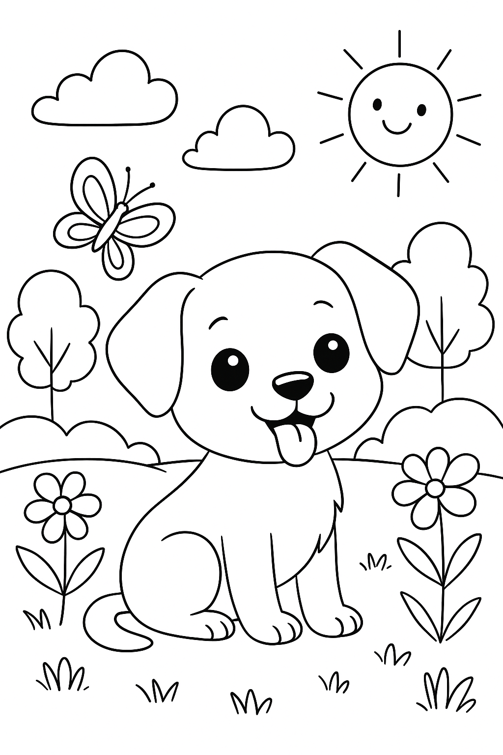Puppy with Butterfly, Sun, and Flowers Coloring Page