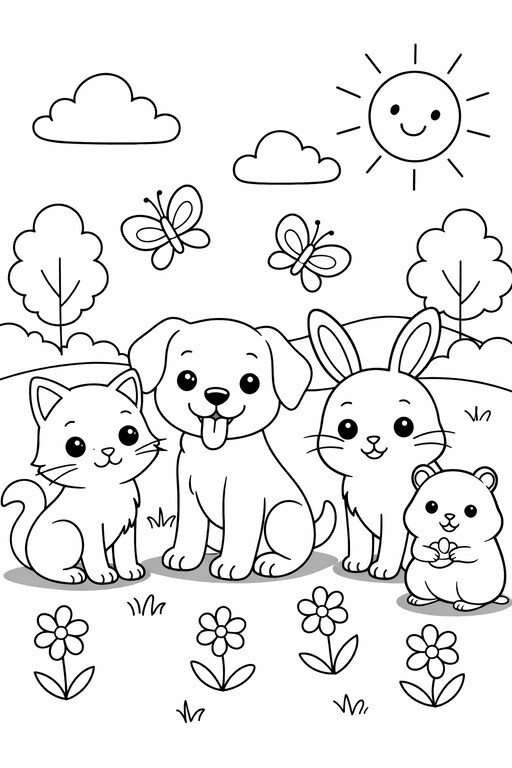 Puppy kitten rabbit mouse and butterfly in an outdoor scene coloring page