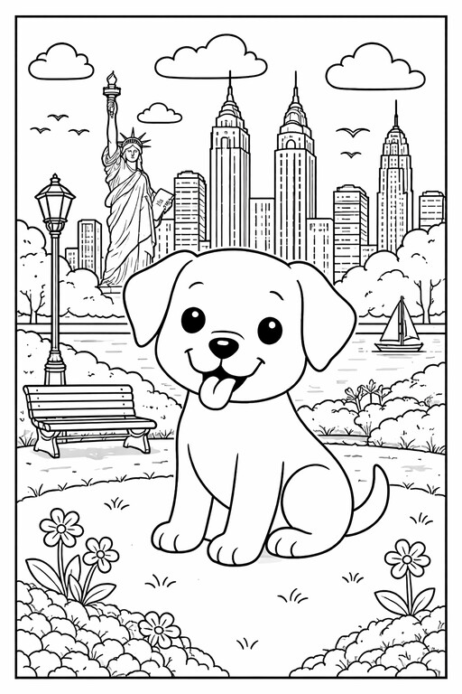 Puppy New York coloring page showing a smiling puppy in a city park scene with a skyline in the background PDF preview
