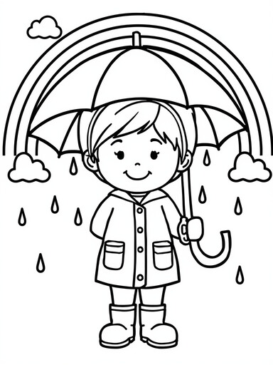 Kid with an Umbrella Under a Rainbow coloring page