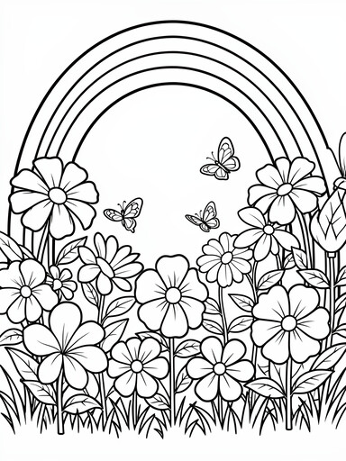 Rainbow over a Flower Garden coloring page