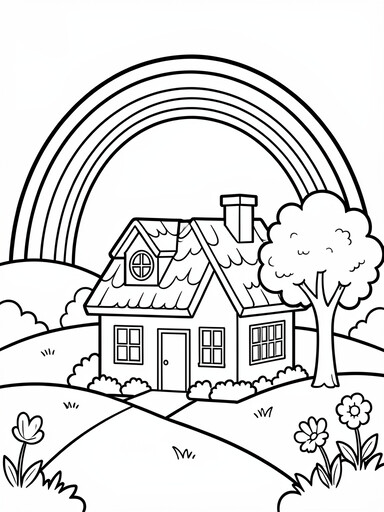 Rainbow over a House and Hills coloring page