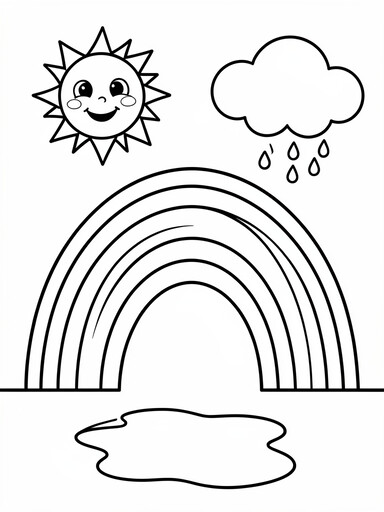 Rainbow with a Smiling Sun and Raindrops coloring page