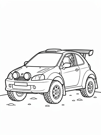 Rally car coloring page showing a hatchback with a roll cage, auxiliary spotlights, and off-road tires