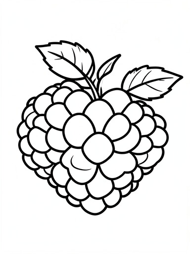 Raspberries coloring page showing a cluster of bumpy berries with pointed leaves