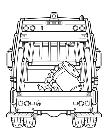 Rear load garbage truck back view with open hopper, bags, and rear lights PDF preview