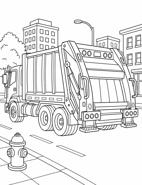 Rear load garbage truck on a city street with buildings and hydrant PDF preview
