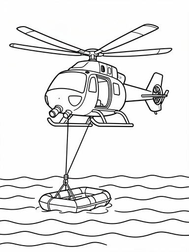 Rescue helicopter coloring page showing a hoist rescue with a basket lowered to a life raft