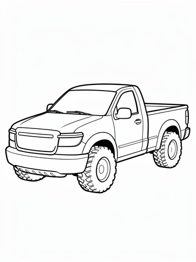 Rivian R1T coloring page showing an electric pickup truck with a short hood and chunky all-terrain tires