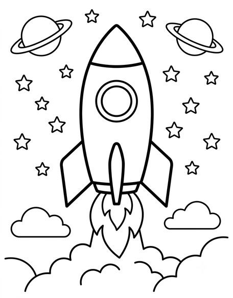 Cartoon rocket launching upward past two ringed planets stars and clouds coloring page