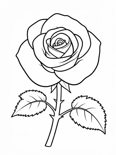 Single classic rose in full bloom with spiral petals and thorned stem coloring page