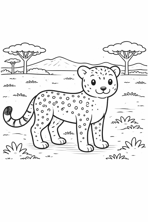 Cheetah in safari grass with spots coloring page
