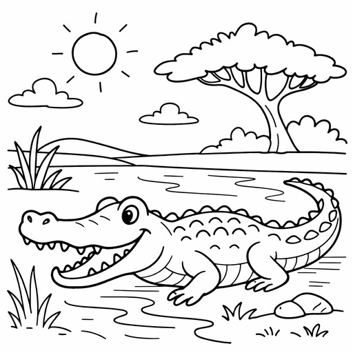 Crocodile coloring page showing a crocodile beside the water with reeds, rocks, clouds, and a large tree PDF preview