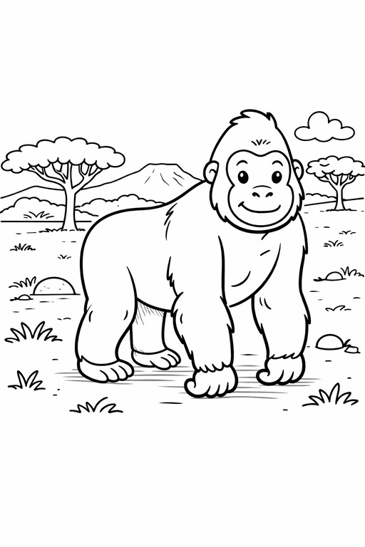 Large gorilla standing in jungle foliage coloring page