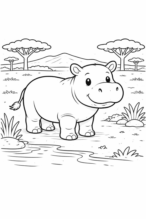Hippo coloring page showing a hippo standing by the water with grass, clouds, and acacia trees behind it PDF preview