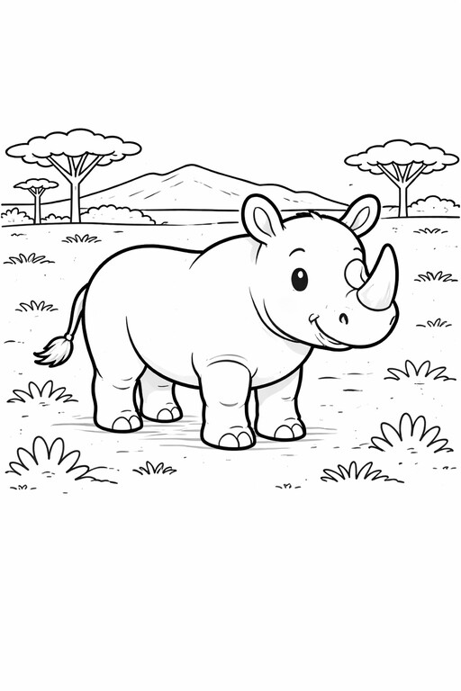 Rhino coloring page showing a rhino standing in a safari landscape with grass and flat-topped trees behind it PDF preview