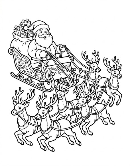Santa sleigh reindeer coloring page PDF preview