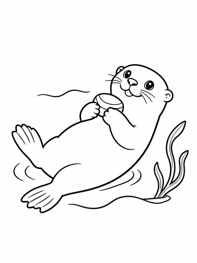 Sea otter coloring page showing an otter floating on its back holding a clam shell, with water ripples and kelp